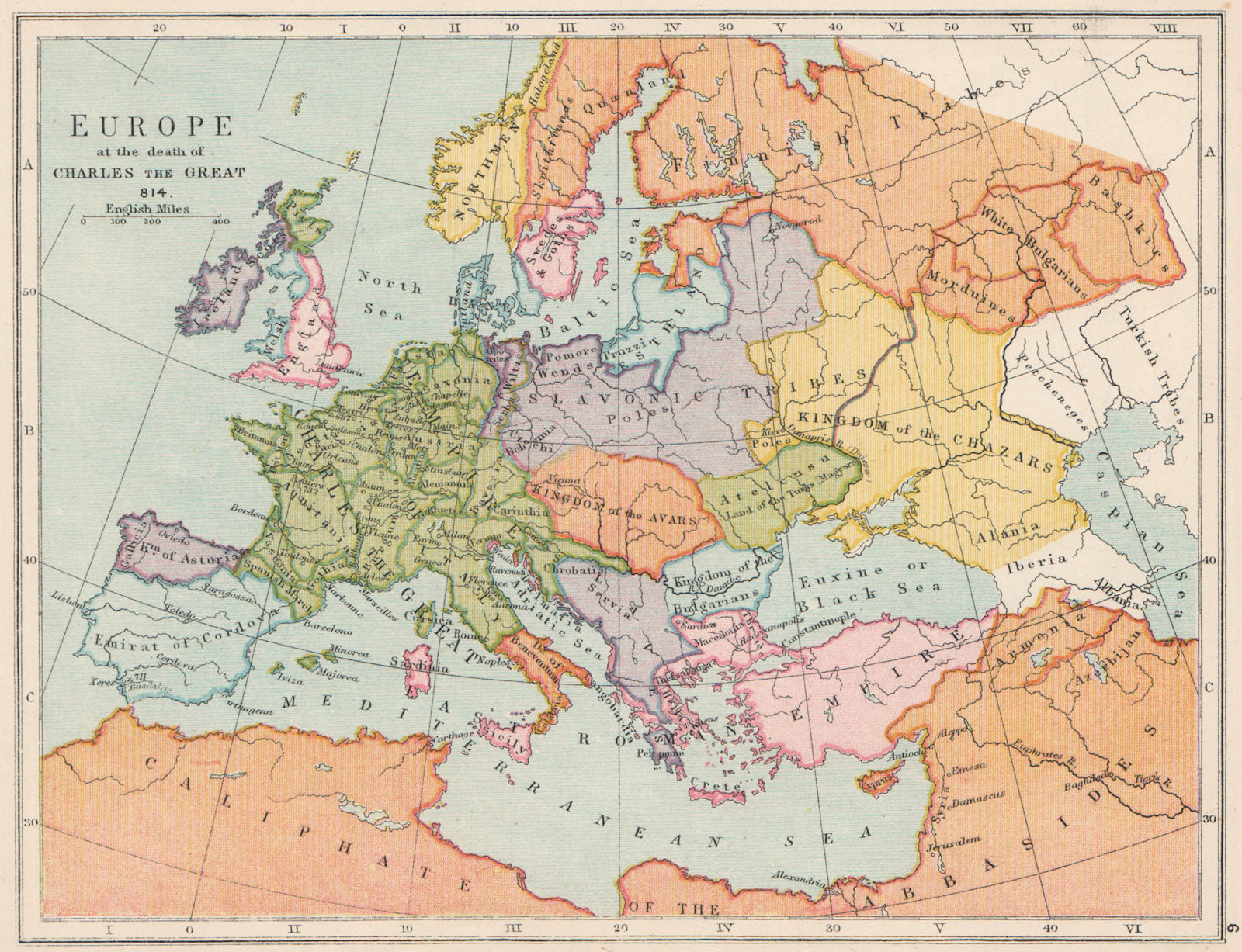 EUROPE IN 814. At the Death of Charles the Great. Charlemagne 1907 old map